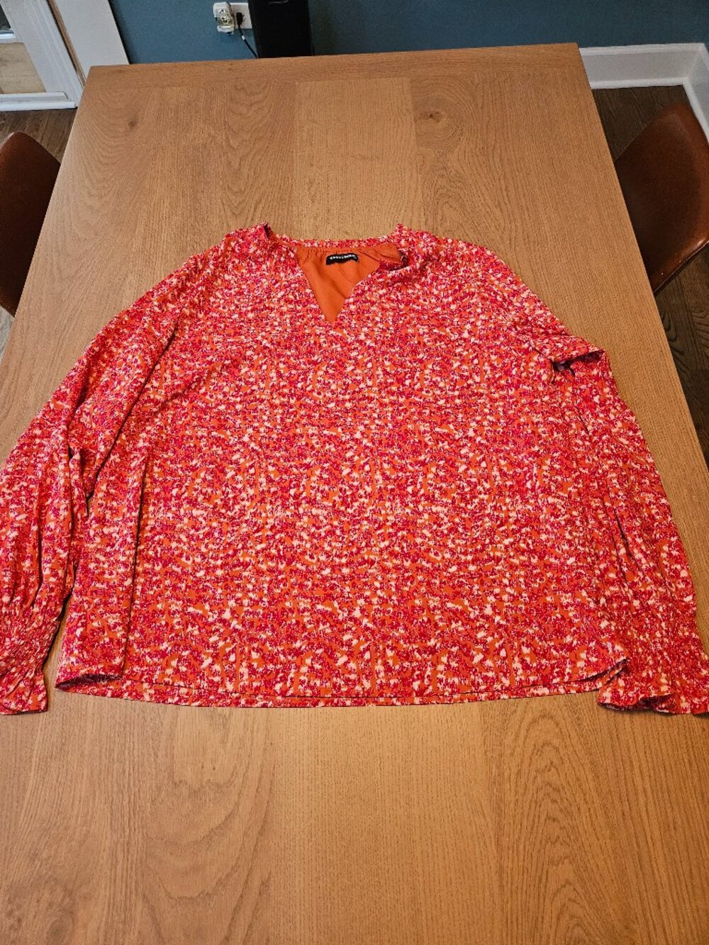 Orange Pink Abstract Print Ruffle Neck Smocked Cuff Blouse XL